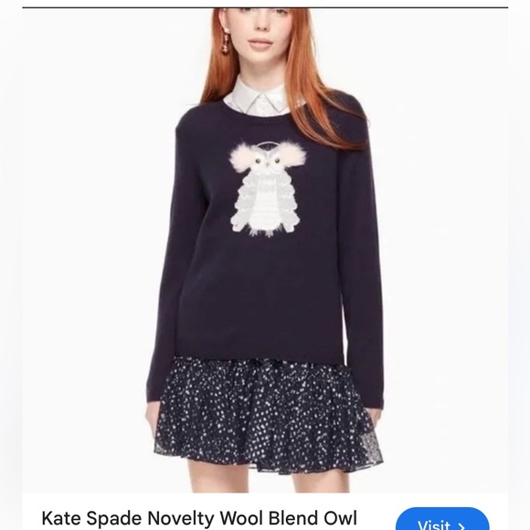 Kate spade New York Broome Stree wool blend Owl novelty sweater with faux fur - Picture 2 of 6